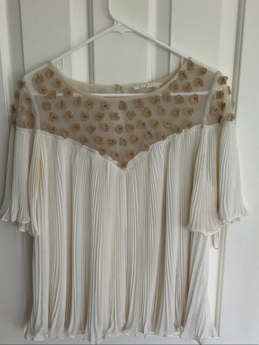 ANTHROPOLOGIE Floreat Cream Pleated Chiffon Top with Embellished Yoke
10